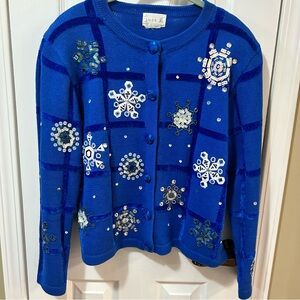 Vintage Just B Size XL Royal Blue Embellished Snowflake Artsy Cardigan Winter